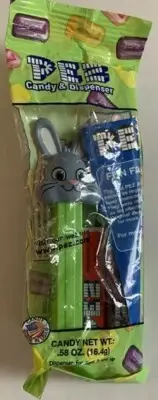 PEZ EASTER BUNNY GREY HEAD GREEN STEM FLOPPY EAR FACTORY PACKAGED NEW