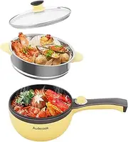 Audecook Hot Pot Electric,Mini Electric Skillet Portable Nonstick Sauté Pan with Power Adjustment, Rapid Ramen Cooker Travel Multicooker Electric Pot for Steak/Soup (B(yellow/1.5L with steamer))