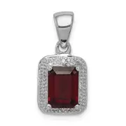 Sterling Silver Rhodium Emerald-cut Garnet u0026 Diamond Pendant