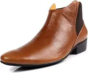 [Generic] Pointed Toe Work Boot for Men Ankle Boot Pull On StyleGenuine Leather Exquisite Texture Business Block Heel Easy Care