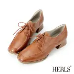 【HERLS】牛津鞋-蠟感全真皮素面方頭德比鞋牛津鞋(棕色)