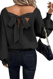 [OCSTRADE] Womens Bow Sweater Sexy Deep V Neck Backless Pullover Sweaters Oversized Long Lantern Sleeve Tops Trendy 2024 Fall Outfits