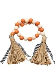 Halloween Wood Bead Tassel Garland Beige&Orange Farmhouse Rustic Beads