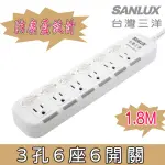 【SANLUX 台灣三洋】轉接電源線-3孔6座6切附防塵蓋延長線1.8M(SYPW-W366DA)