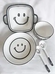 Xofuru 6 Piece Ceramic Dinnerware Set For 2 Person, Dishwasher Microwave Oven Plates Bowls Spoons for Dining, Parties, Camping Dish Set Smiley Collection For Kids