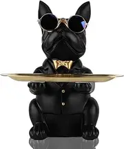 QIANLING Modern Decor Resin Bulldog Tray Statue Storage Key Holder Candy Jewelry Earrings Suitable for Home Art Dining Table Office Small Object (Black)