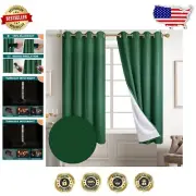 Elegant Dark Green Grommet Blackout Curtains - Insulated Linen Drapes 2 Panels