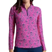 Women's IBKUL Long Sleeve 1/4 Zip Mock Neck Top - Diana Print