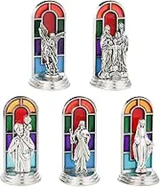 diyalo 5Pcs Mini Figurines Mix St.Christoper St. Michael Holy Family The Divine Mercy Our Lady Religious Icon Statue Church Stained Window Background Home Decor Car Ornament with Pastable Base