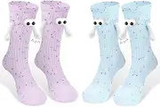 [ABTOLS] 2 Pairs Magnetic Hand Holding Socks for Women Men, Purple Blue Magnetic Suction Sock 3D Doll Couple Crazy Socks Funny Couple Gifts, Best Friend, Engagement, Anniversary, Teens Cute Weird Stuff,