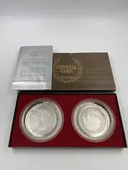 1971 DWIGHT EISENHOWER COIN CRYSTAL COASTER SET OF 2 IMPERIAL GLASS CORP