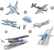 Pinenjoy Vintage Airplane Wall Decals Biplane Parachutist Helipad Wall Art Stickers 33x32.6inch Removable Vinyl Aircraft Wall Clings for Boys Bedroom Kids Nursery Playroom Living Room Decors