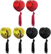 [NILLOS] Nipple Cover, 3 Pairs Heart Sequin Tassel Nipple Cover for Women (Black & Red & Gold)
