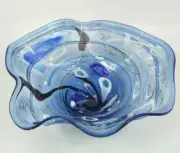 17" HAND BLOWN GLASS ART FLUTED BOWL, DIRWOOD, BLUE AQUAMARINE, n3632