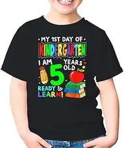 [SDVN] My First Day of Kindergarten 1st Day of School Back to School Unisex Kids Shirt Gift Boy Girl Youth T-Shirt (Black;S)