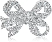 [Bling Jewelry] Victorian Vintage Style Winter Wedding Holiday Royal Blue White Glittering Crystal Pave Bridal Fashion Large Statement Filigree Ribbon Bow Scarf Brooch Pin For Women Silver Rose Plated