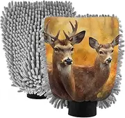 XYMZR Watercolor Deers Forest Absorbent Microfiber Car Wash Mitt, Funny Cute Anime Scratch Free for Cars Cleaning, Home Cleaning Mitts, 2 Pack, 10.24” L x 7.09” W