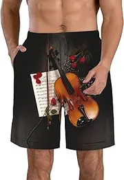 [OdDdot] Border Collie Print Men's Quick-Dry Swim Trunks,Breathable Swimming Board Shorts, for Summer Surfing Beach Swimwear, Violin Sheet Music, Small