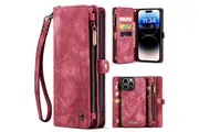 CaseMe For Apple iPhone 15 Pro Zipper & Detachable Retro Leather Pouch Wallet Flip Purse Bag Detachable Phone Case Cover (Red)