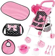 Bayer Design: Buggy: Doll Stroller Set - Black, Pink, Hearts - Stroller w/Matching Shoulder Bag, Changing Mat & Feeding Accessories, Ages 3+