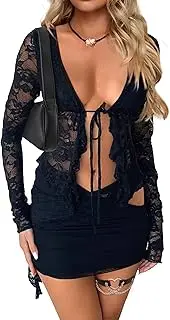 [CSDAJIO] 2 Piece Outfits for Women Floral Lace Open Front Tie Up Long Sleeve Crop Top Blouse Shirt and Mini Skirt Set