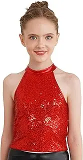 [Yruioon] Kids Girls Sparkling Sequin Cheerleading Jazz Dance Top Sleeveless Backless Shirt School Cheer Dance Clothing