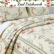 NEW!~ COZY SHABBY IVORY RED PINK LAVENDER ROSE BLUE GREEN LEAF SCALLOP QUILT SET