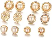 [Kefley] Gold Pearl Stud Earrings Set of 6 Pairs Studs Pearl Earrings for Women Girls Glittering Multipack Rhinestone Earrings for Birthday Wedding Christmas Valentines Day Earrings
