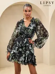 Lipsy Black V-Neck Ruffle Mini Shift Dress (AK1644) | $120