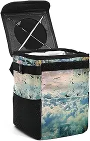 Car Trash Can with Lid,Bag Hanging Storage Pockets Leak-Proof,Portable Garbage Bin,Cloud Mountain Bird Landscape