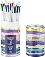BIC 4 Colours Decor Box - Ball Pen Medium Point (1.0 mm) - Assorted Design and Messages, Metal Gift Box of 8 Ball Pens, Metal Tin