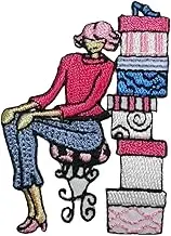 Shoe Shopping Lady Iron-On Patch, Embroidered Applique, Pink and Blue, 2.25 x 1.5 inches