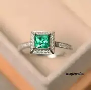 1.95CT Princess Cut Genuine Emerald Women's Halo Jewelry Ring 14K White Gold FN