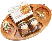 Ghasitaram Gifts Rakhi Gifts for Brothers Chip n Dip Platter with Besan Barfi, Dryfruits, Roli Chawal Thali and Bhaiya Bhabhi Rakhis