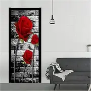 Door Stickers Red Rose Flowers 3D Mural Sticker for Door Living Room Bedroom Home Decoration DIY Poster for Wall Closet(77x200cm)