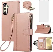 Phone Case for Samsung Galaxy S24/S25 5G Zipper Wallet Cell Cover with Screen Protector Wrist Crossbody Strap Lanyard Flip Credit Card Holder Stand Leather S 24 24S 25 25S G5 Women Men Girls Rose Gold