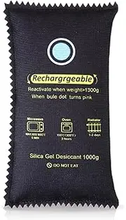 Tellegloww 1000g Rechargeable Silica Gel Desiccant Pack of 1, Moisture Absorbers Bag, Discoloration Desiccant Dehumidifier for Dry and Storage Home Closets Gun Safe Cars, Black