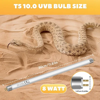 2Pack T5 8W 10.0 Reptile UVB Bulb 12 UVA Light Lamp Tube for Bearded Dragons