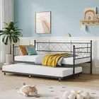 Daybed with Trundle, Sturdy Metal Twin Bed Frame with Stylish Headboard,