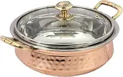 Aakrati Set of 4 Indian hammered copper stainless steel serving bowl for food soup with handle and glass lid decorative seveware (7 inch dia, 1, Count)