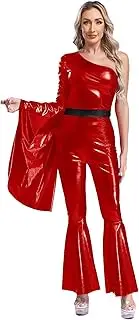 [RUNQHUI] Women's Metallic One Shoulder Catsuit Bodysuit Flared Bell Pants Dancewear 70s Disco Dance Costume