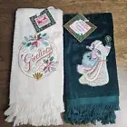 Lot 2 Vtg Embroidered Santa Poinsettias Holiday Christmas Fingertip Towels