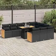 11 Piece Garden Sofa Set with Cushions Black Poly Rattan Acacia Patio Bar Sets
