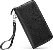 [Moflycom] Womens Wallet RFID Blocking Genuine Leather Zip Around Wallet Clutch Wristlet Travel Long Purse for Women, Black, Large, Rfid Wallet