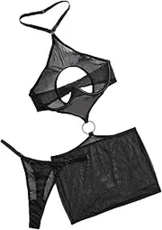 [JINZIJINYU] Women Lace Bodysuit Women See Through Hollow Mesh Halter Neck Backless Two Piece Bodysuit