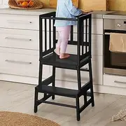 Toddler Kitchen Nursery Step Stool for Kids Toddlers Children,Standing Tower for Kitchen Counter, Mothers' Helper Kids Learning Stool,Made of Natural Solid Bamboo (Black)