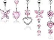 [UxClishe] 5 Pcs Belly Button Bars Kit, Sliver Belly Button Rings 14G Navel Bars Stainless Steel Belly Bars Dangly Belly Button Piercing Jewellery Heart Bow Short Small Belly Rings for Women Girls