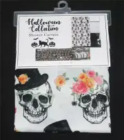 13-Pc Halloween SKULLS ROSES Spider Webs Fabric Shower Curtain & 12 Silver Hooks