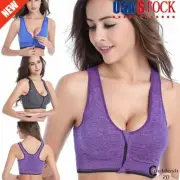 US Women Wireless Padded Sports Bra Front Zip Yoga Cami Push Up Vest Support Top