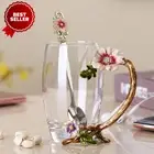 Enamel Sunflower Crystal Lead-Free Glass Tea Cup with Spoon Set for gift